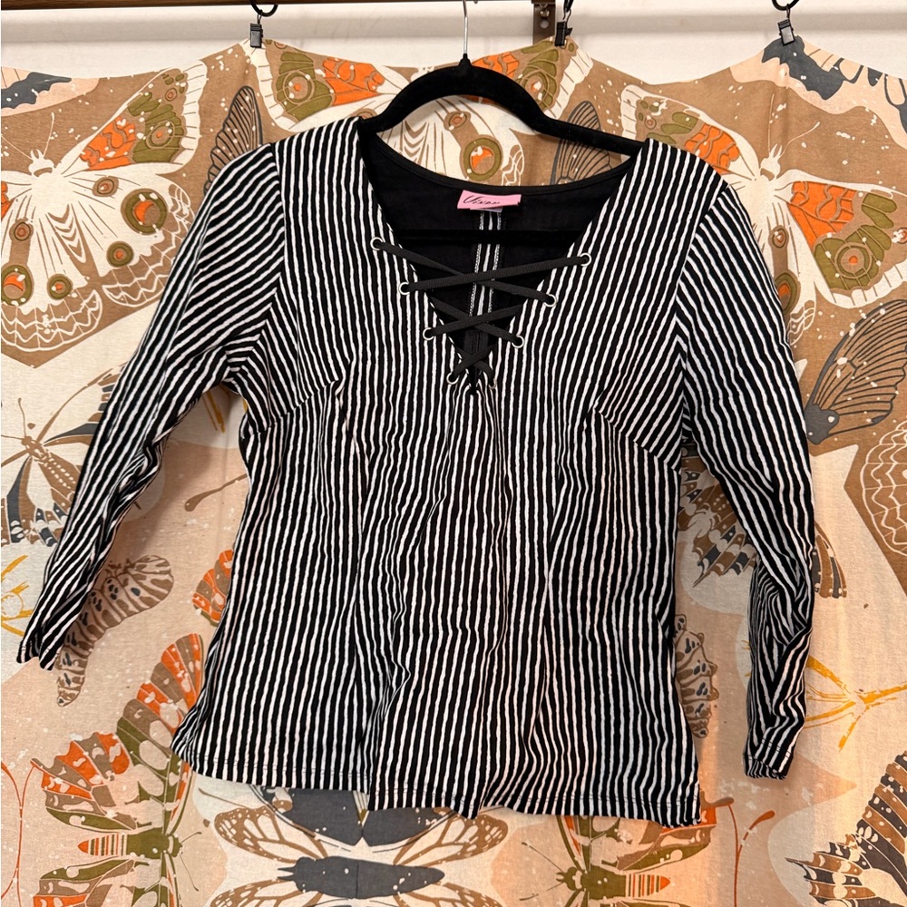 Vixen by Micheline Pitt Black and White Striped Blouse